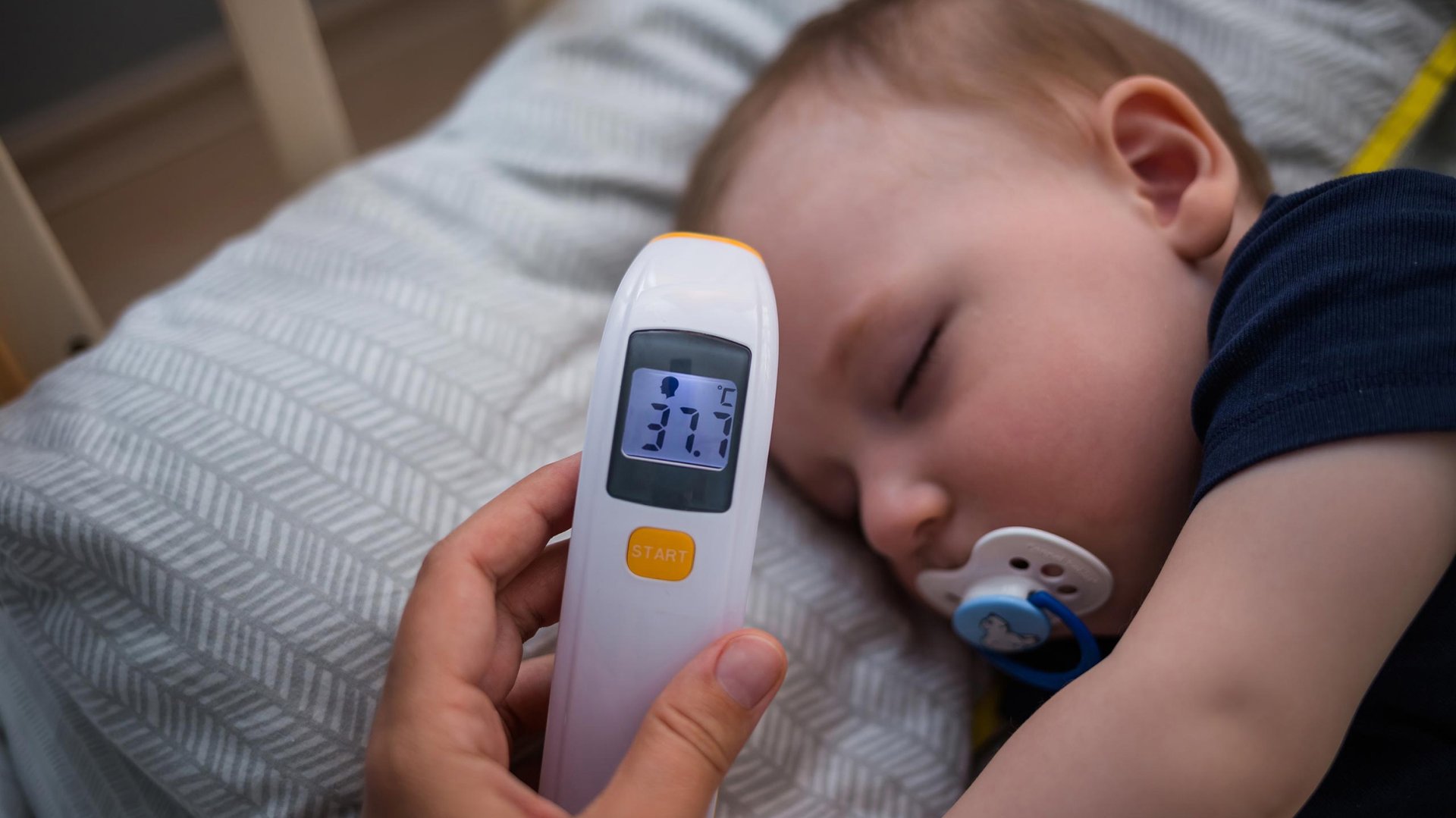 Kobieta przyklada termometr do glowy spiacego dziecka